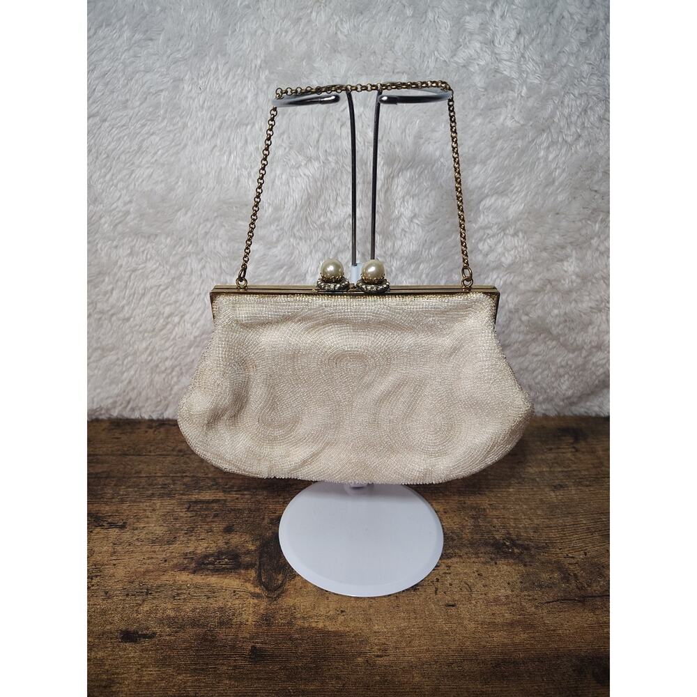 Vintage Jolles Original Beaded Evening Clutch Purse Ivory Pearl Clasp Gold Chain